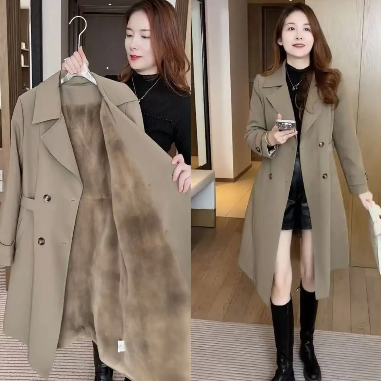 Fashionable Fleece Lined Casual Style Coat Women's Elegant Autumn Winter Clothes New Waist Cinching Slimming Versatile mid Le...