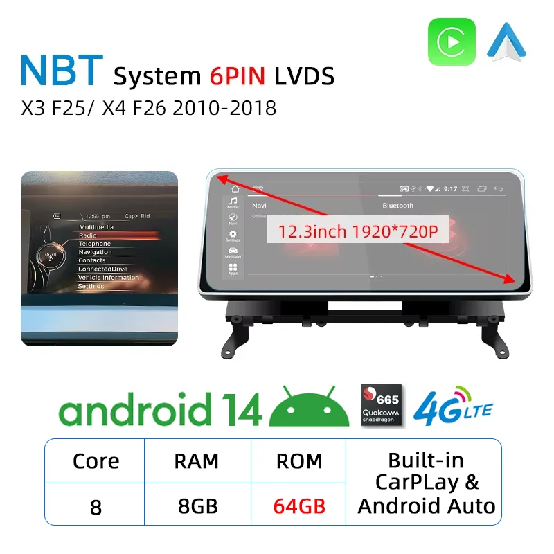 12,3 Inch NIEUW ID8 Android 14 Carplay Touchscreen voor BMW X3 F25 X4 F26 Autostereo Autoradio Multimedia Speler Navi 4G WIFI DSP