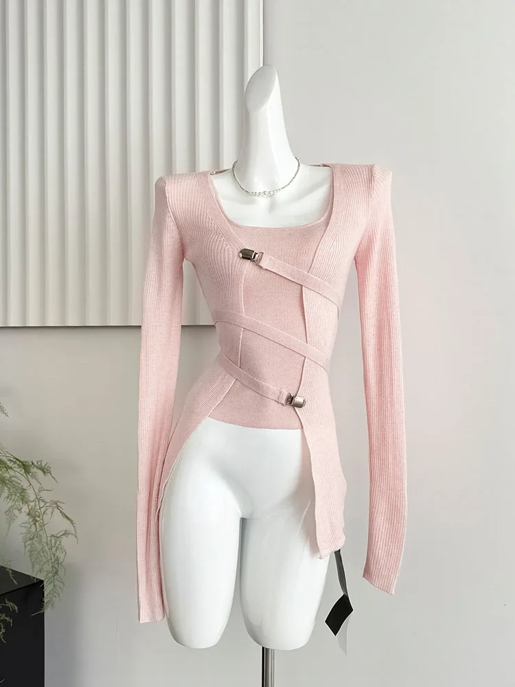 Pink Fashion Sweet Gyaru O-Neck Sweater Autumn 2024 Women Elegant Sexy Long Sleeve Cardigan + High Quality Vest Two Piece Sets