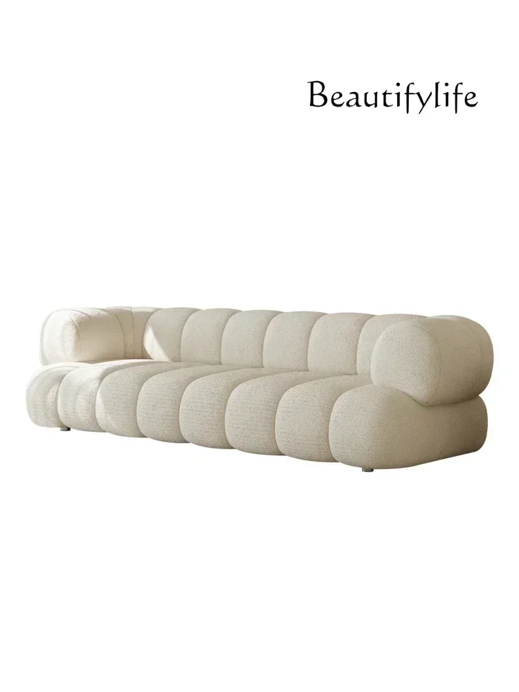 

French Cream Style Sofa Living Room Minimalist Straight Row Three-Person Lambswool Puff Sofa