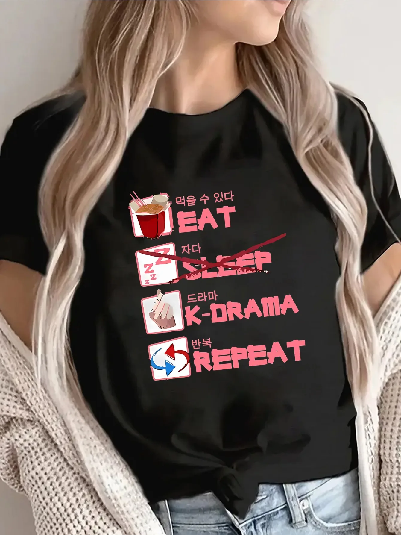 Funny Eat K-Drama Repeat T-Shirt Women Korean Drama Lover Graphic Tee Summer Short Sleeve Harajuku Casual Kpop Fan Female Tops