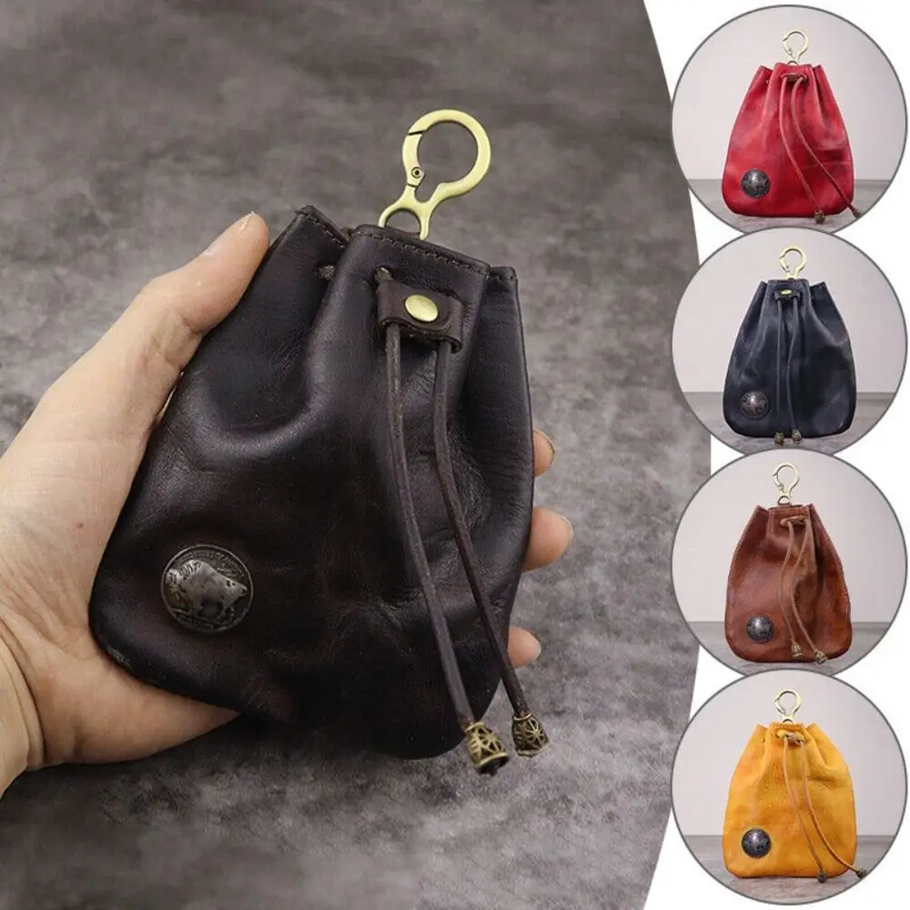 Simple Upper Leather Coin Purse Pouch Solid Color Retro Drawstring Wallets Hanging Bag Women