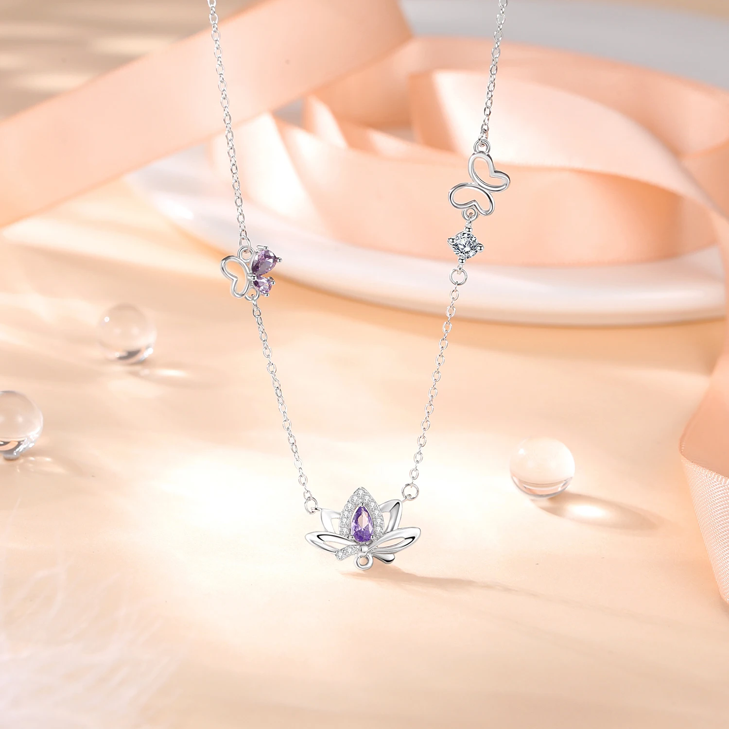 Kanberich S925 Real Sterling Silver Cubic Zirconia Lotus Flower Pendant Clavicle Chain Necklace