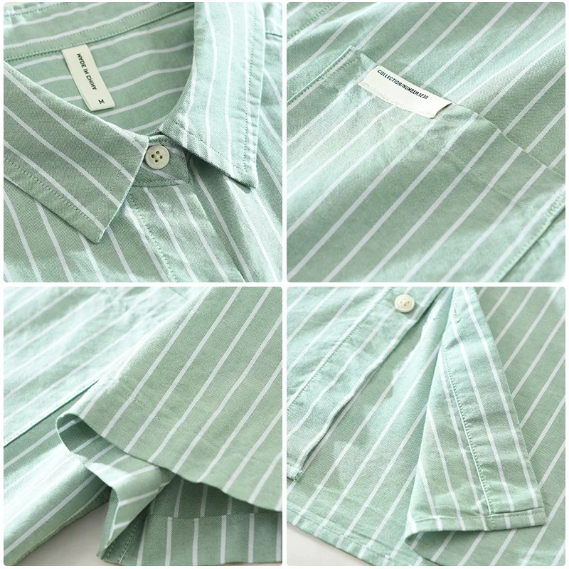 

Summer Short Sleeve Green Striped Shirt Men Daily Casual Shirts Lapel Pocket 100% Cotton Button Up Shirt Korean Style Clothes
