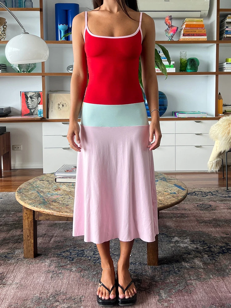 

Trendix Slim Color Blocking Slip Dress Women 2026 Summer New Fashion High Waist Mini Dresses Party Club Bodycon Sleeveless Dress