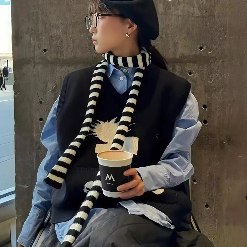 Harajuku قطاع مخطط وشاح متعدد الألوان رقيقة شريط محبوك وشاح الرقبة ضئيلة ضيق الشريط الأوشحة كل مباراة رقيقة منديل