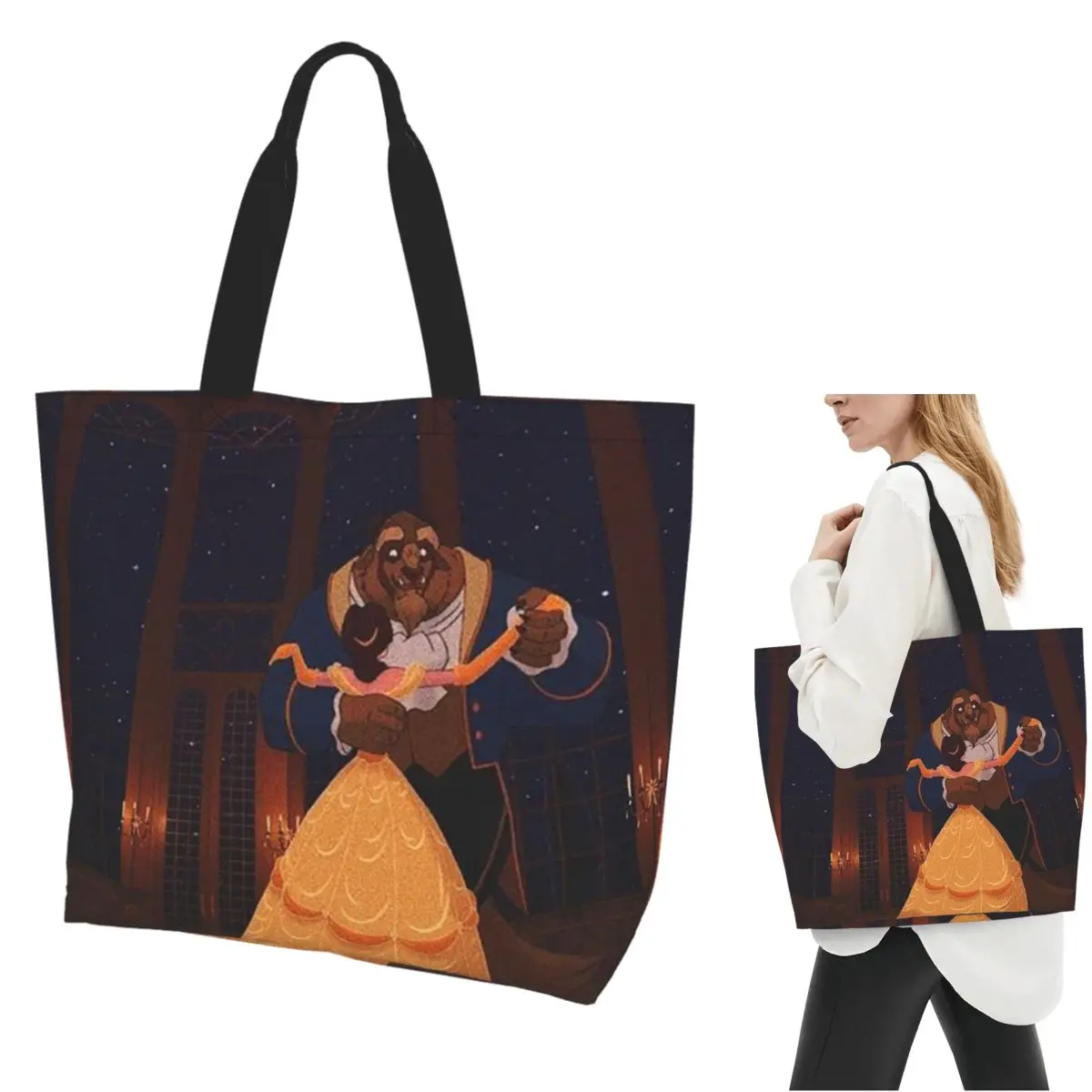 

Beauty And The Beast Shopping Tote Bag Canvas Large Capacity Shoulder Bags Shopper Grocery Handbag for Women