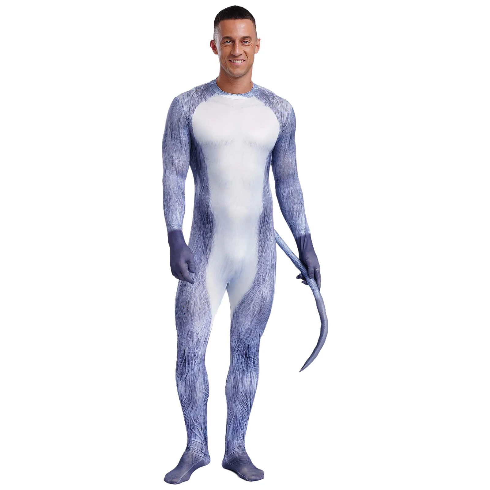 Men 3D Printed Animal Bodysuit Gloved Sleeve Jumpsuit Cosplay Costume Padded Tail Zipper Jumpsuits Catsuit for Halloween Parties