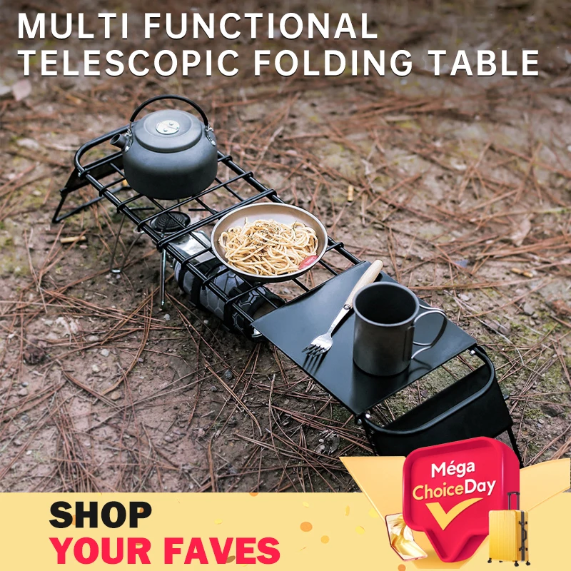 

Outdoor retractable mesh table Mini stove stand adjustable multi-function retractable height metal folding table tea table