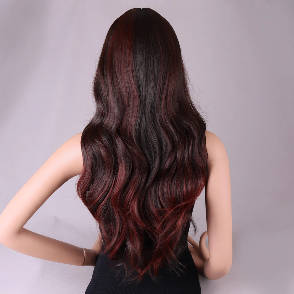 Brown red diagonal bangs Wavy hair women Heat-resistant synthetic everyday Wigs 28 inches