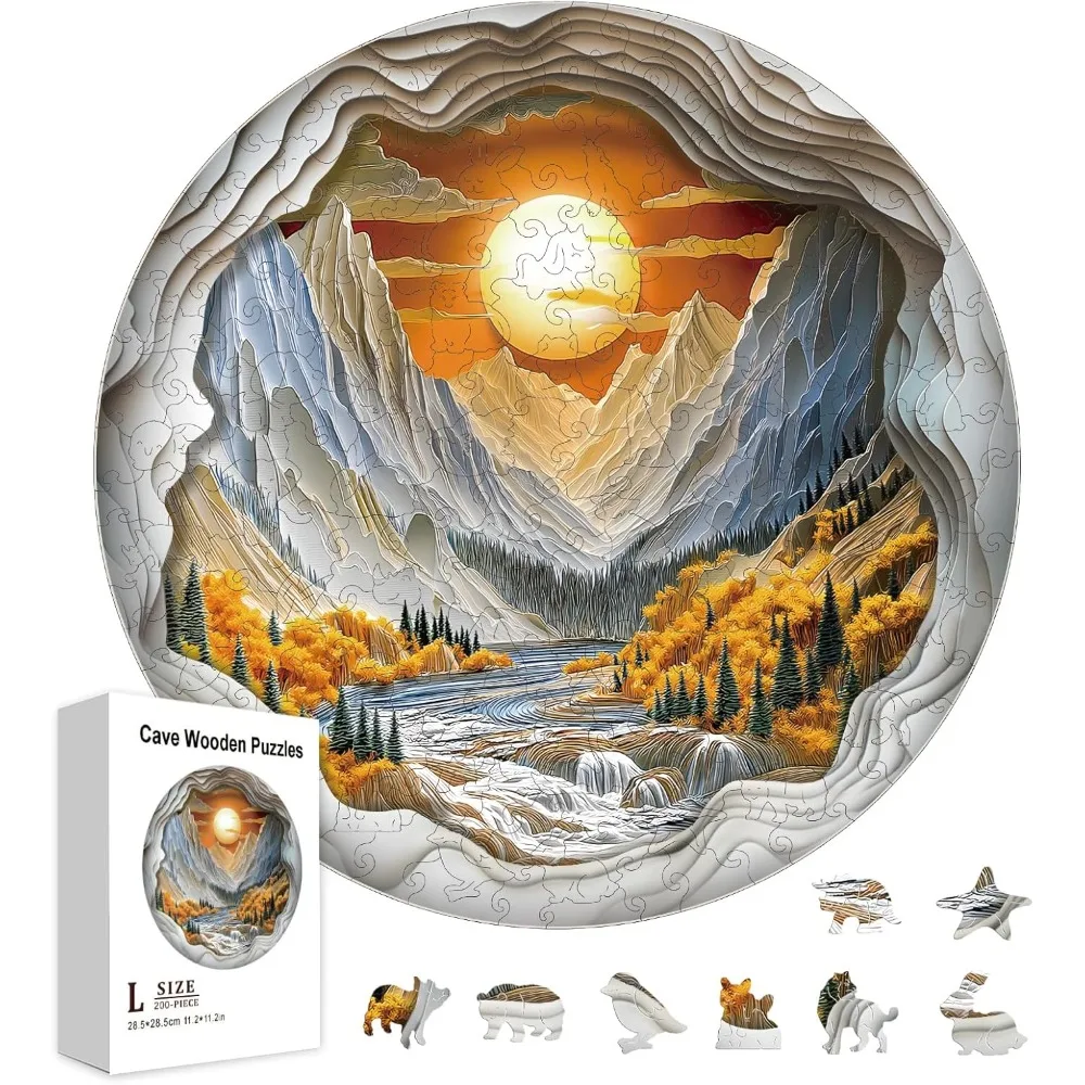

200Pcs Cave Wooden Jigsaw Puzzles for Adult Sunset Mountains Wooden Puzzles Colorful Unique Shaped Wood Puzzles for Holidays