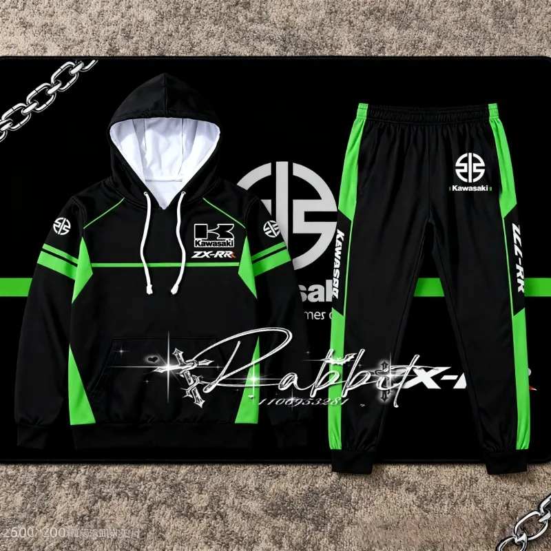 2026 جديد كاواساكي دراجة نارية الأصلي تصميم الأزياء دراجة نارية ملابس الرجال على الطرق الوعرة الإنحدار متحمس هوديي وسراويل مجموعة #1