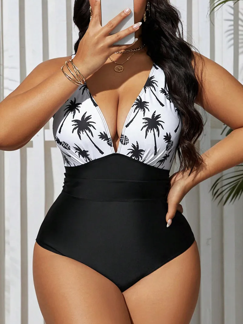 Jednoczęściowy strój kąpielowy damski w dużych rozmiarach 2025 z nadrukiem, dekolt w serek, odzież plażowa, modelujący sylwetkę, monokini