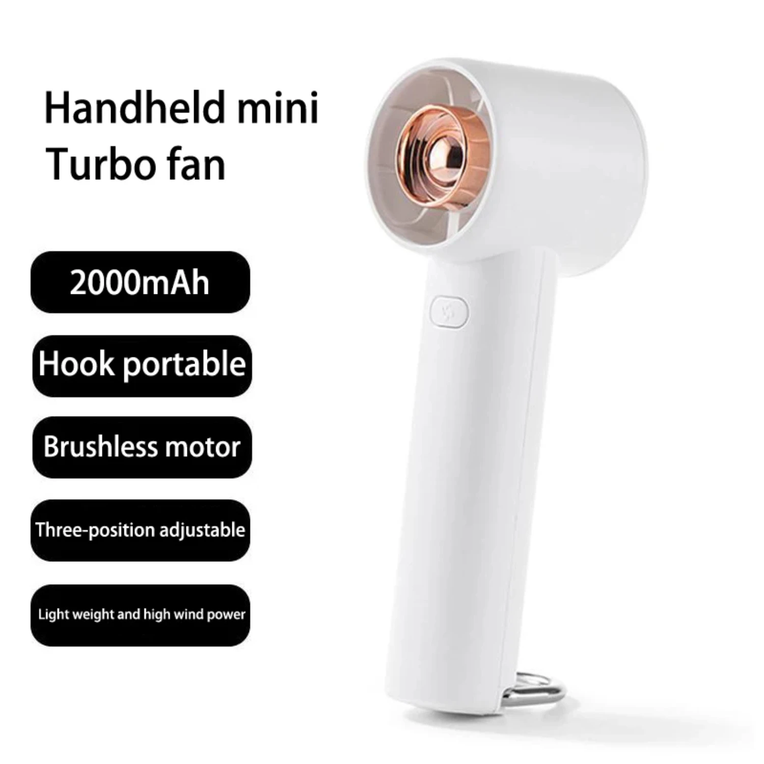 

2000mAh Portable Fan Mini Handheld Fan Unique Design Portable Personal Hand Fan USB Rechargeable with Powerful Turbo Wind Hook