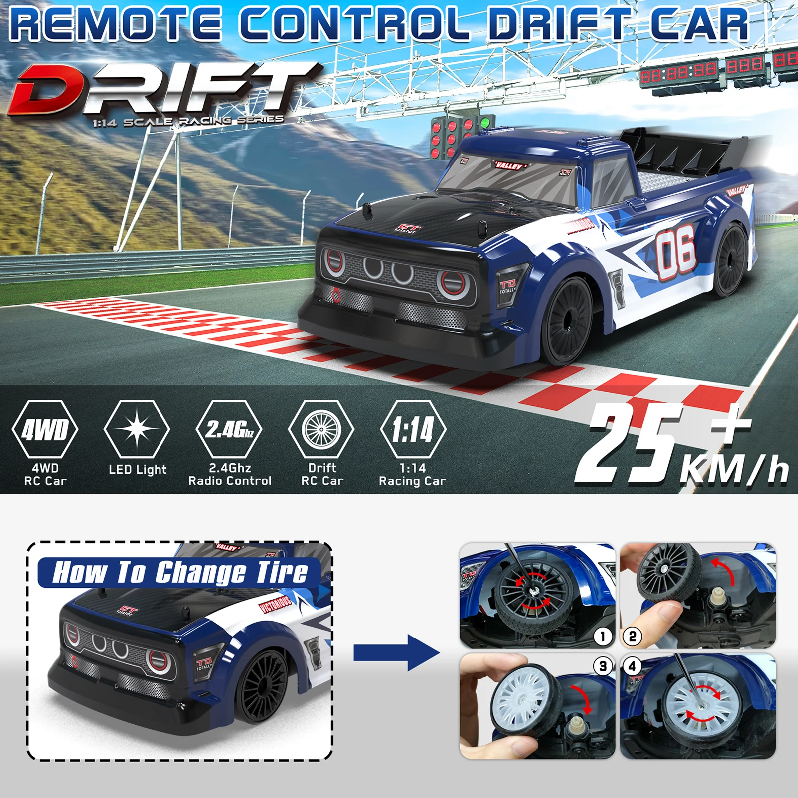 RC Drift Car 1/14 RC Car 2.4GHz 4WD 25km/h RC Race Car High Speed Kids Gift RTR with 2 Battery