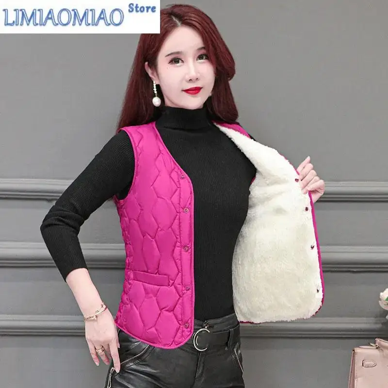 

Winter Down Cotton Vest Ladies Lamb Cashmere New Thin Slim Short Warm Sleeveless Parkas Waistcoat Tops Female Jacket