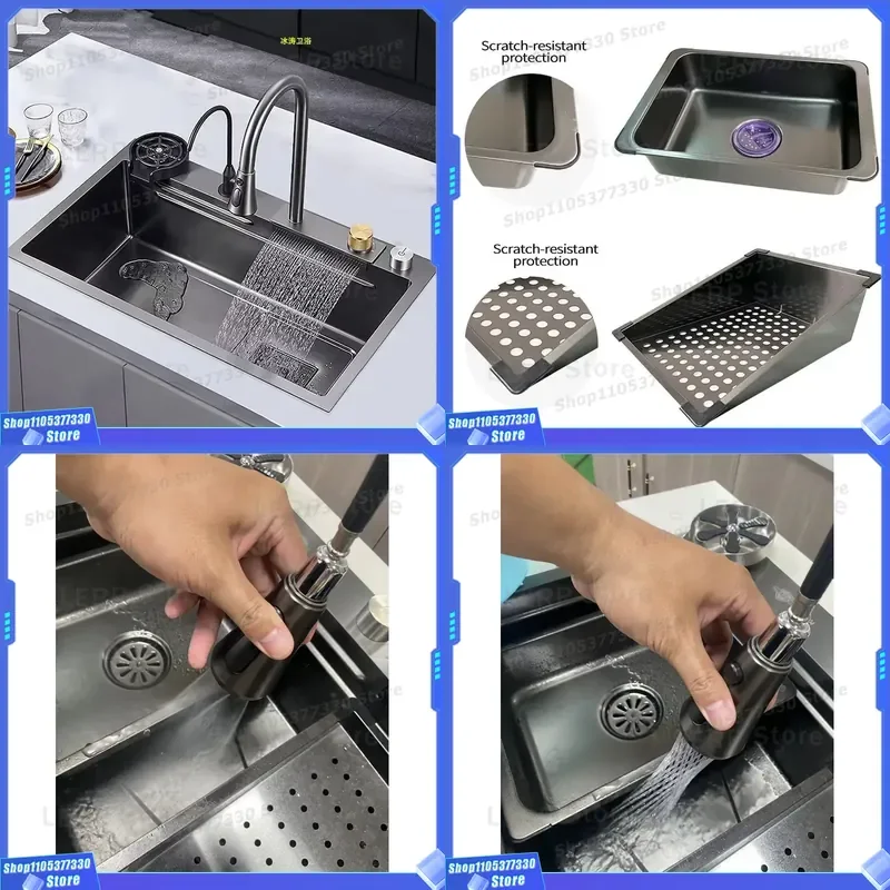 Modern Black 304 Stainless Steel Kitchen Sink Single Bowl Undermount Handmade Waterfall Faucet Hole Pull Out Sprayer