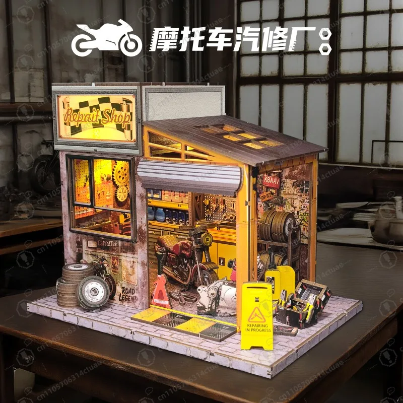 

DIY Assembled Auto & Motorcycle Garage Miniature Scene, Stress Relief Creative Model House Puzzle Gift