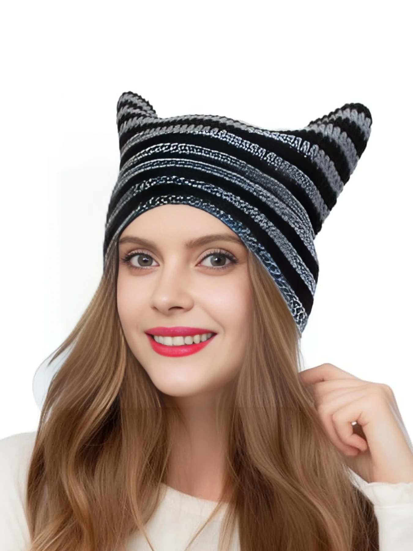 Cute Cat Ear Beanie Crochet Hats for Women Girl Knitted Y2K Striped Winter Warm Loose Fit Handmade HipHop Stylish Skullies Cap