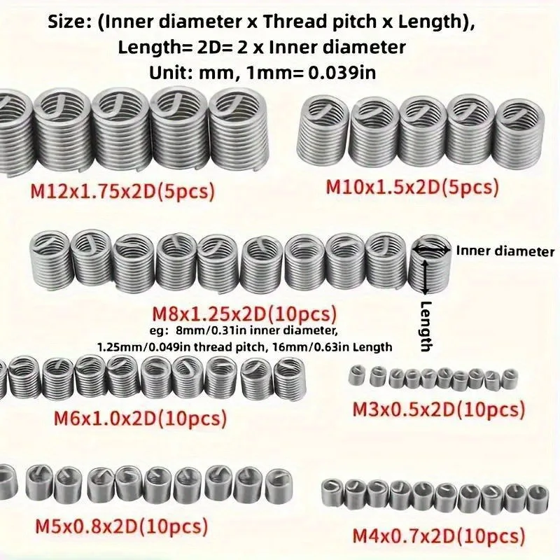 60pcs Stainless Steel Thread Insert Kit Thread Repair Kit Wire Screw Sleeve Thread Repair Insert Assortment Kit Wire Screw