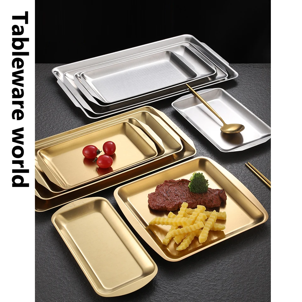 Thick Stainless Steel Gold Serving Plate Restaurant Fish BBQ Skewers Seafood Sushi Plate Rectangular Large Flat Storage Tray