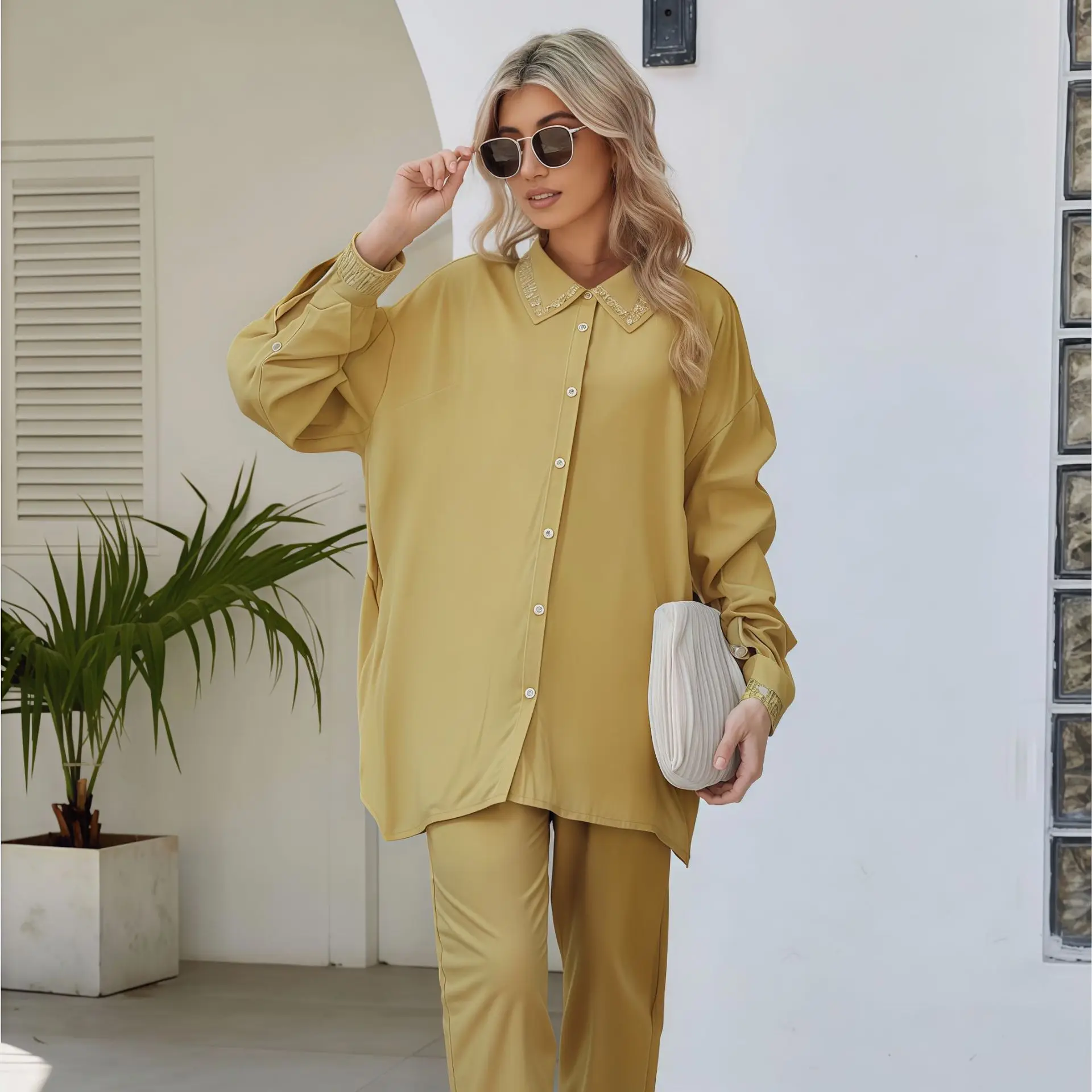 

2 шт., мусульманские женские рубашки с бриллиантами, комплект брюк, Рамадан, Дубай, Абая, кафтан, исламская одежда, турецкие наряды, Femme Musulmane, ансамбли