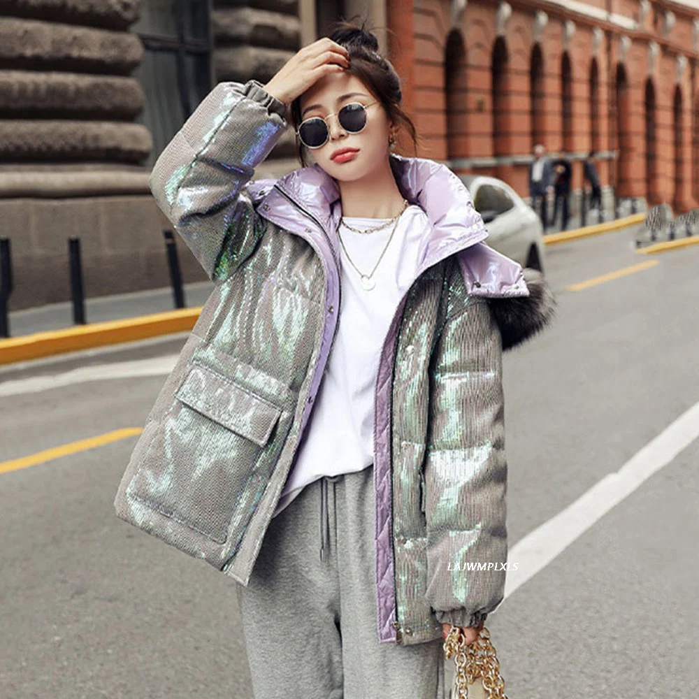 sequins Thick Warm Full Women Down Jackets 2023 New Winter Women\'s Coat Outerwear Snow Wear Large Real Fur Collar Female Parkas