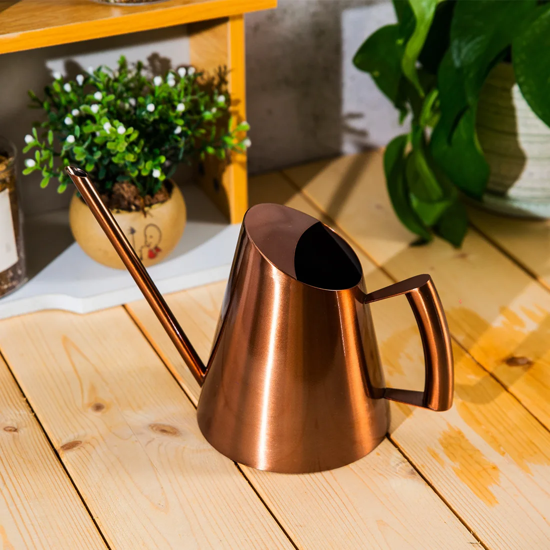 Nordic Rose Gold Watering Can Stainless Steel Plant Waterer for Succulents Flowers, Modern Slim-Spout Garden Tool with Handle