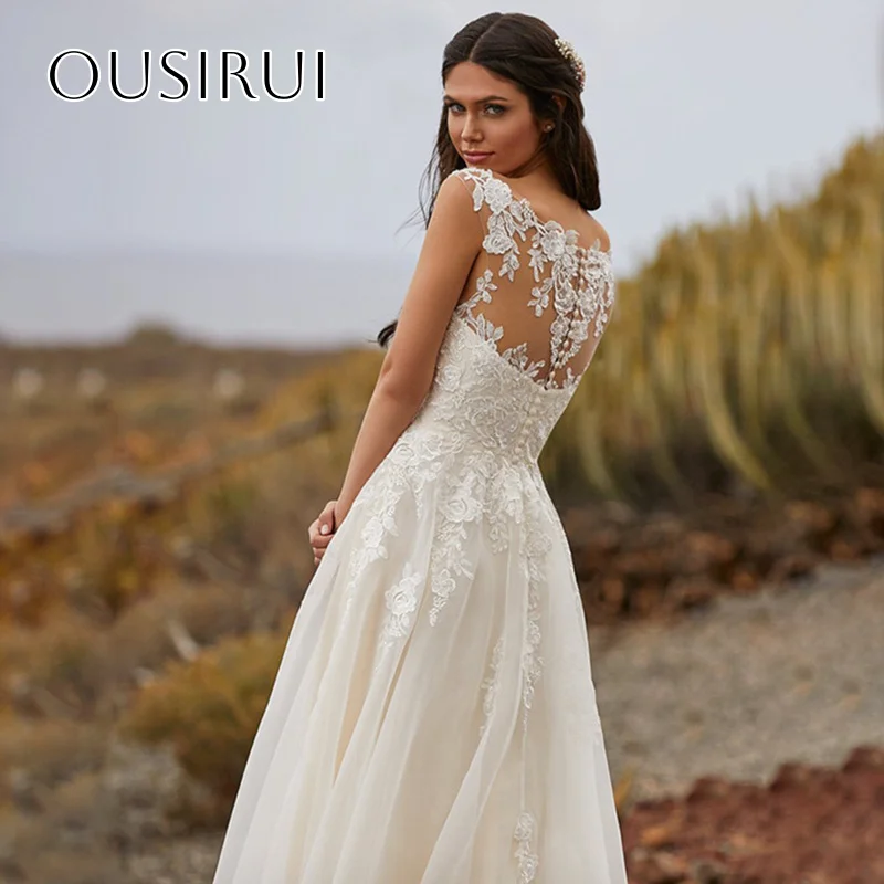 Vestidos de Novia con Apliques, Escote en V, Corte en A, Sin Mangas, Botones en la Espalda, Tul, Cola Larga, Personalizados