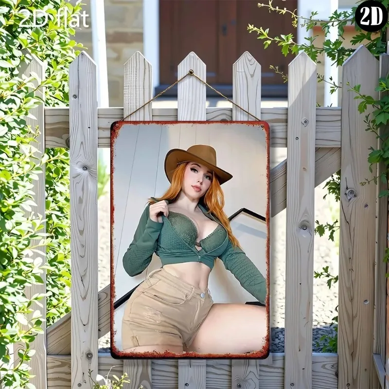 Vintage Metal Tin Sign, Western Redhead Cowgirl In Brown Hat Green Crop Top Indoor Rust Border Wall Decor
