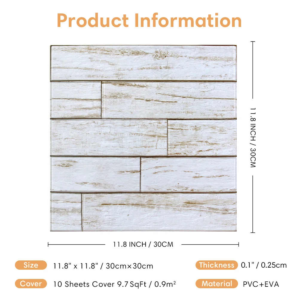 Impermeable, 11,8" x 11,8", juego de 10, paneles de pared autoadhesivos de imitación de madera blanca de PVC 3D, para granja, RV, decoración de pared