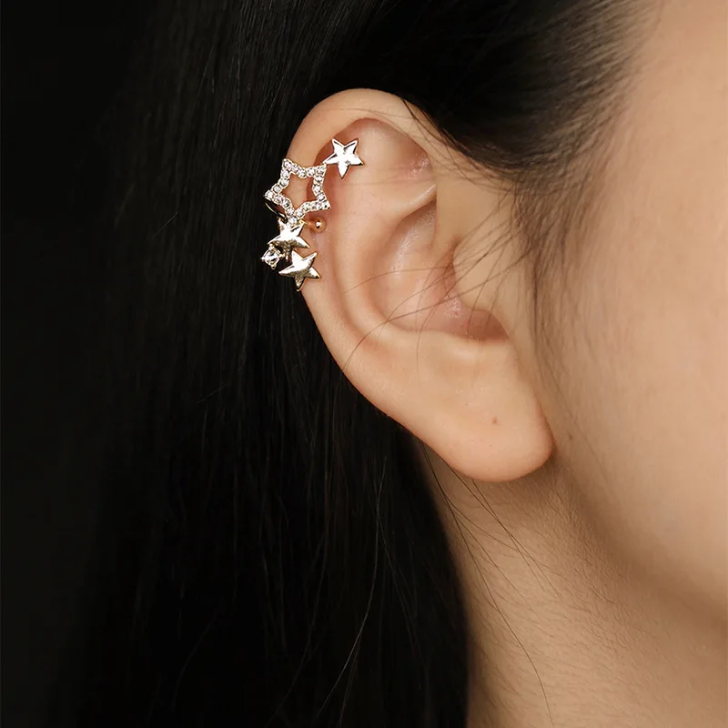 Korean Crystal Clip Earrings For Women Zircon Star Without Hole Jewelry Fake Earrings Single Ear Bone Clip Earings Ear Cuffs