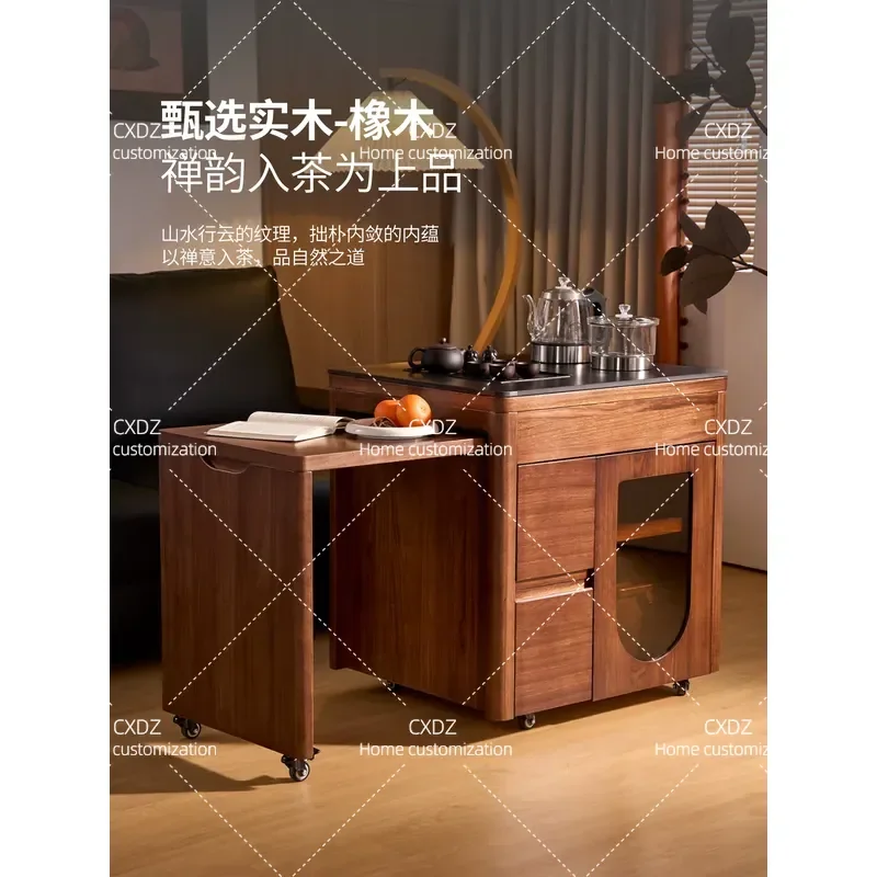 Retractable Mobile Solid Wood Tea Cart Table Household Living Room Small Unit Side Table Tea Cabinet