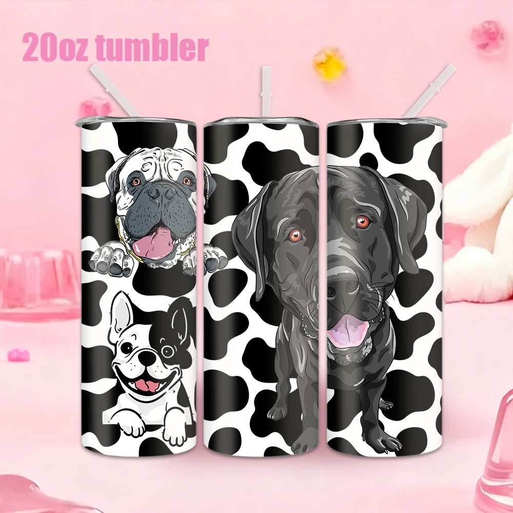 1pc Stainless Steel Water Bottle/Tumbler with Three Dogs & Cow-Print Background Design – 20oz (591ml)