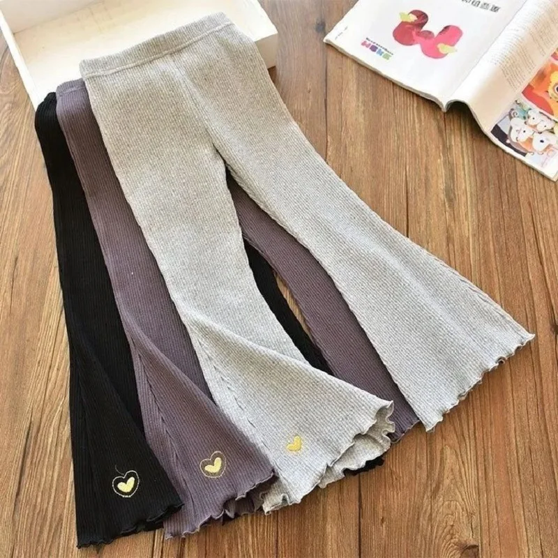 Spring and Autumn Children's Pants Fashionable Embroidery Love Girl Leggings Solid Color Casual Girl Bell Pants