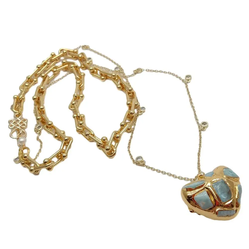 Gold color Plated Chain Natural Heart Shaped Blue Larimar Pendant necklace  Layers statement Necklace 20