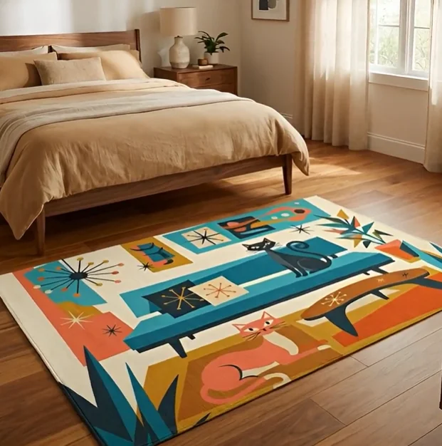 Atomic Cat Teppich, Mid-Century Modern, Retro-Wohnzimmer, illustrierte Bodenmatte, Vintage-Stil, blaugrüne Heimdekorationsteppiche