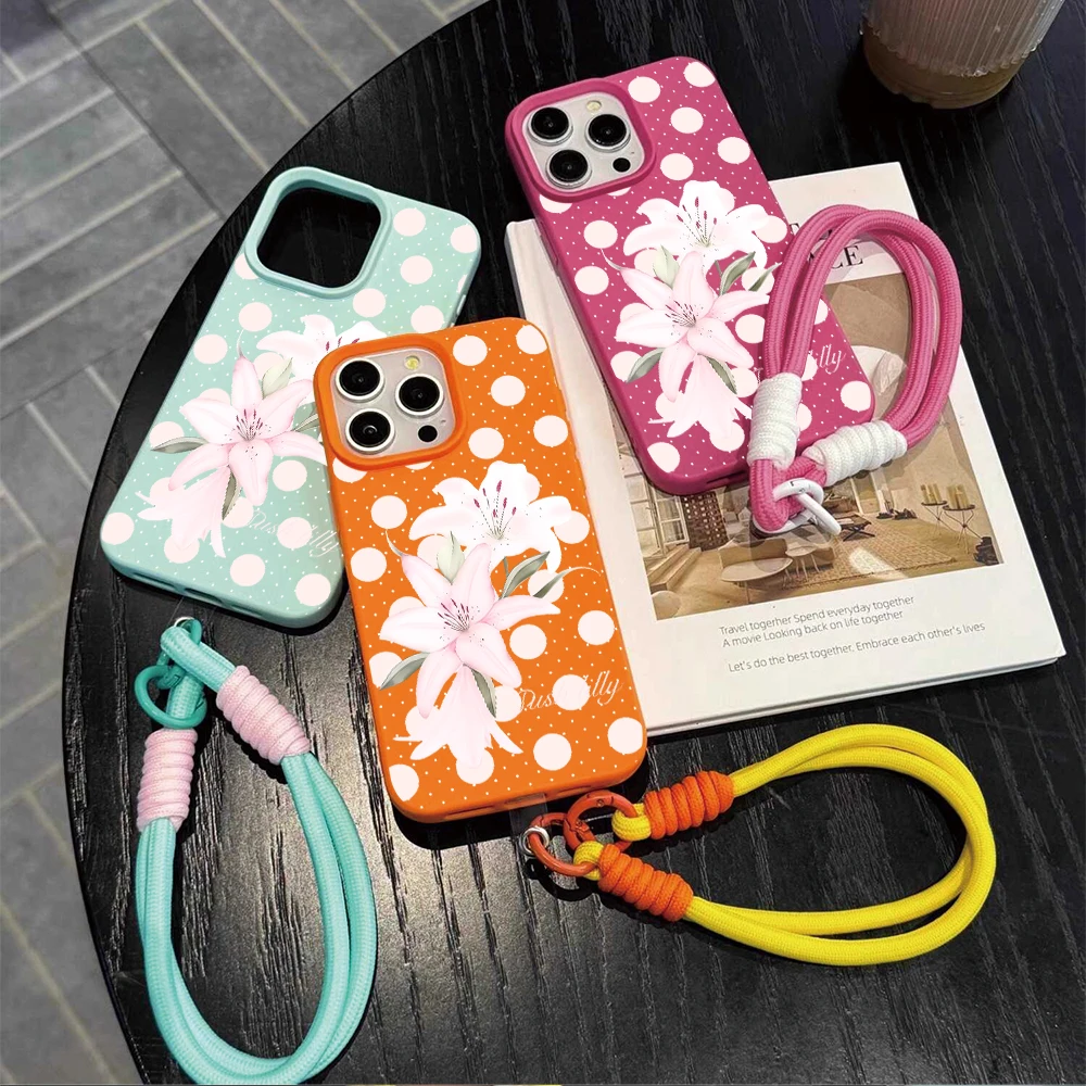 Retro Pink Polka Dot Flower With Lanyard Soft Leather Phone Case For iPhone 17 Pro Max 17 Air 16 14 15 11 12 13 16 Pro XR Cover