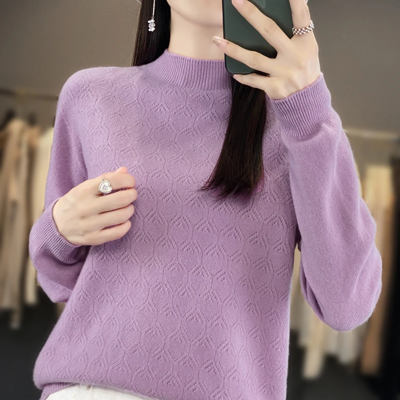 

Cashmere 2023 New Female Half High Neck Hollow out 100% Merino Wool Long Sleeve Top Pullover Warm Women's Sweater