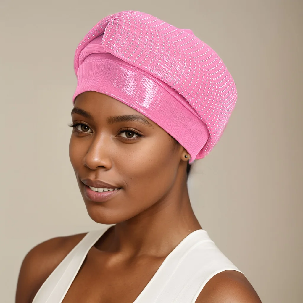 

Nigerian Shining Gele Headtie Aso Oke Gele Muslim Already Made Auto Gele Hijab Aso Ebi Headtie African Turban Cap With Stones