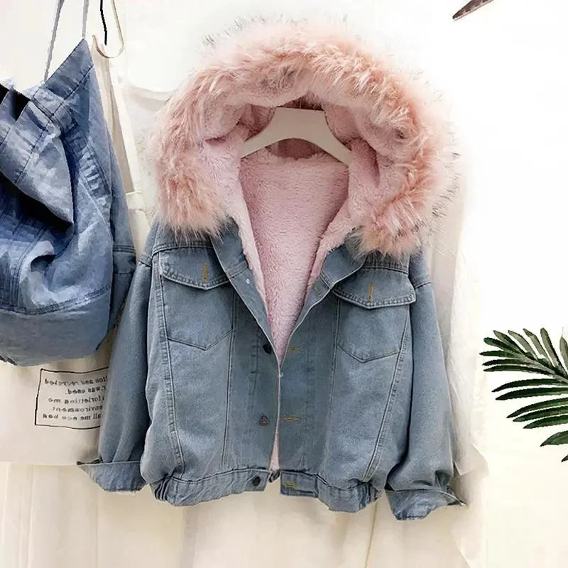 Lamb Wool Denim Jacket women\'s Outwear Autumn Winter New Korean Loose Hooded Plus Velvet Thicke Cotton-Padded Jacket Coat Tops