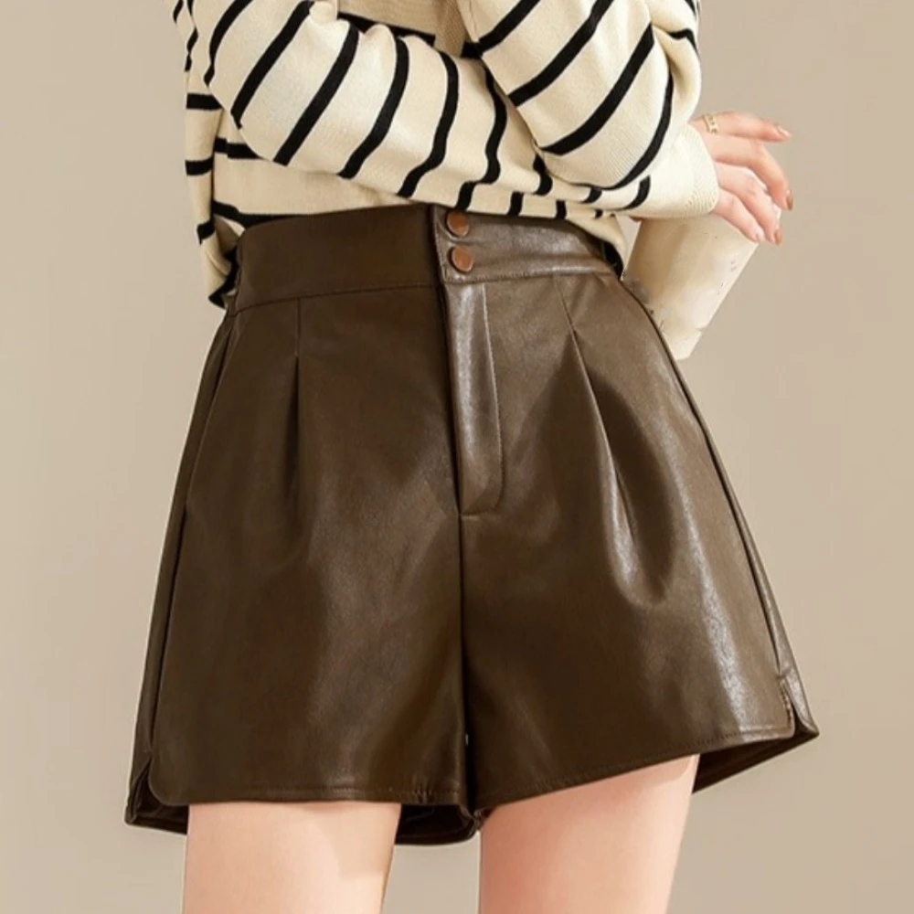 Chic PU High Waist Leather Shorts Black Loose Hot Woman Short Pants Baggy Button Elastic Waist Shorts Summer