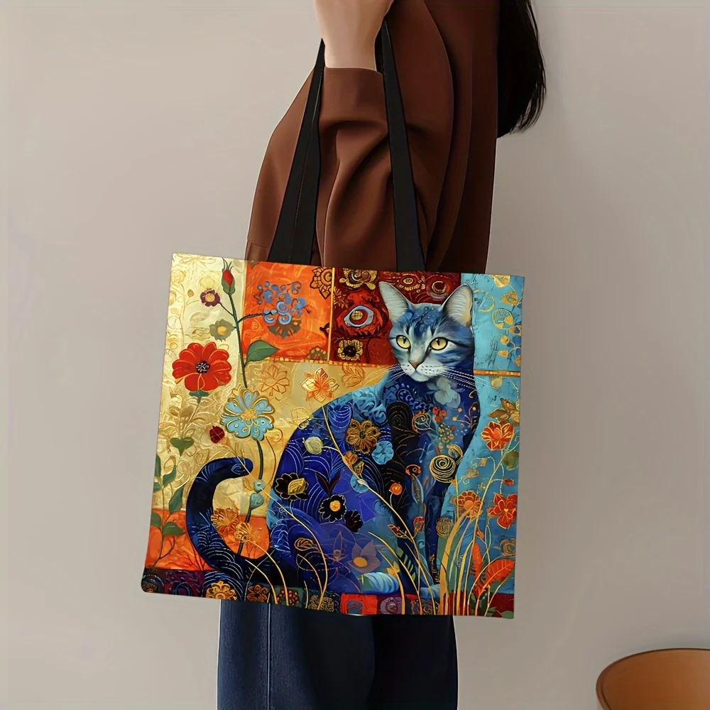 Bolso de mano con diseño de gato abstracto, bolso de hombro con Animal PEQUEÑO peculiar, bolso ecológico de lino estampado, bolsas informales reutilizables para compras y oficina, 1 ud.