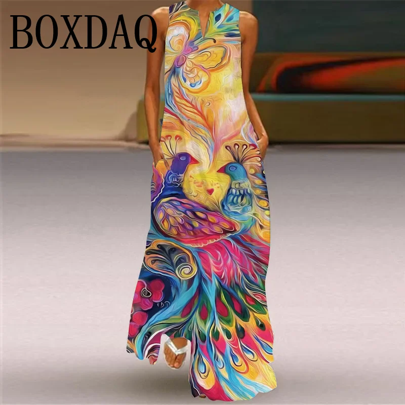 Women's Retro Peacock 3D Print Long Dress Casual V-Neck Loose Sexy Sleeveless Pocket Dress Summer Maxi Dress Robe Femme Sundress