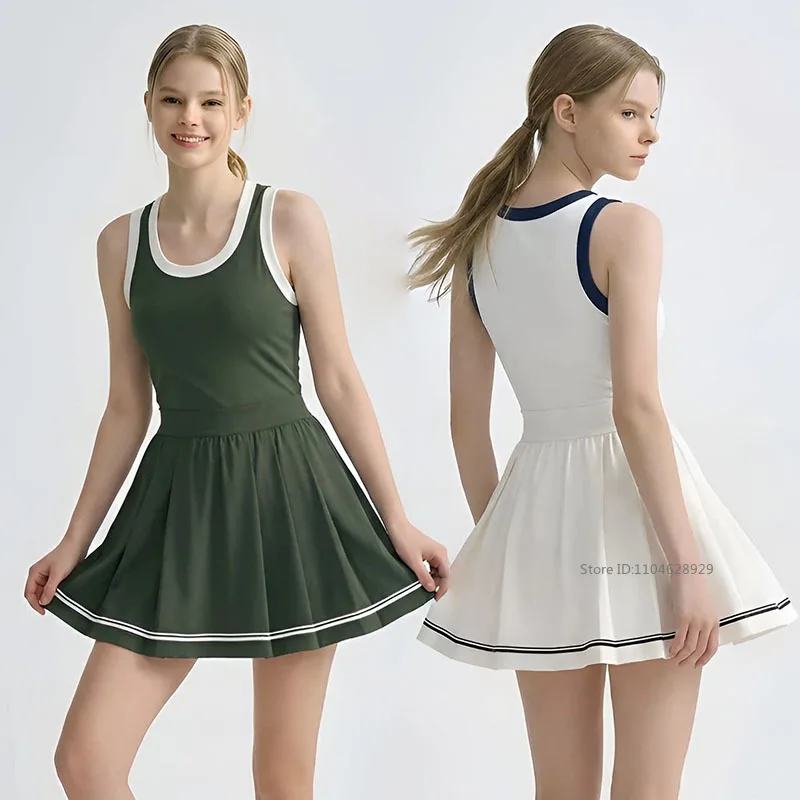 Women Sleeveless Tennis Dresses Vintage Pleated A-lined Golf Dress Ladies Gym Running Athletic Yoga Skirt Workout Sportswear