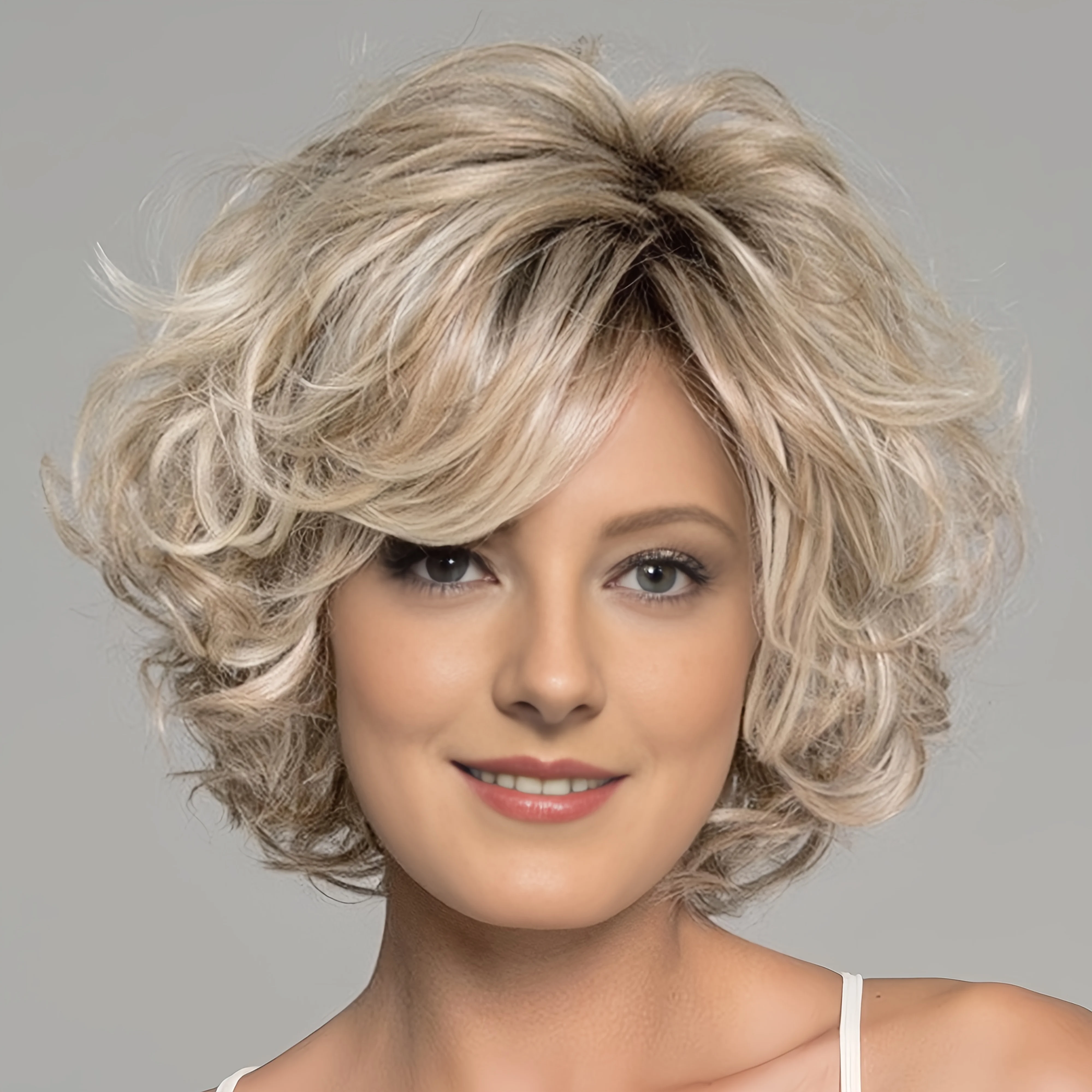Peruca Curta Cacheada Sintética Feminina Loiro Claro com Franja Lateral, Fibra Resistente ao Calor, Touca Elástica, Perfeita para Festas e Uso Diário