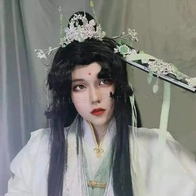 

Tian Guan Ci Fu Shi Qingxuan Hair Crown Folding Fan Shi Qing Xuan Black Long Straight Wig Crown Halloween Wig Accessories