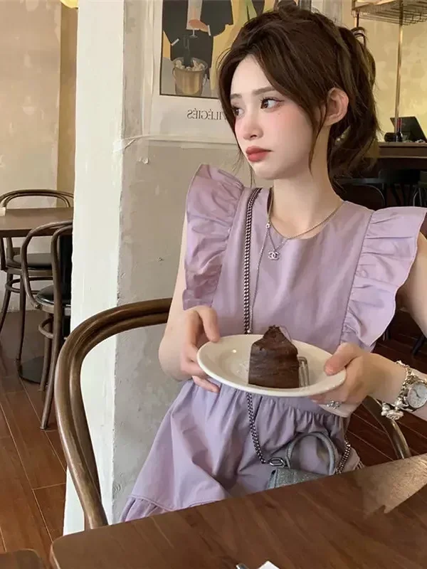 Verão novo pequeno vestido de mangas voadoras feminino design doce fino fada estilo francês vestido longo sólido adorável em camadas moda