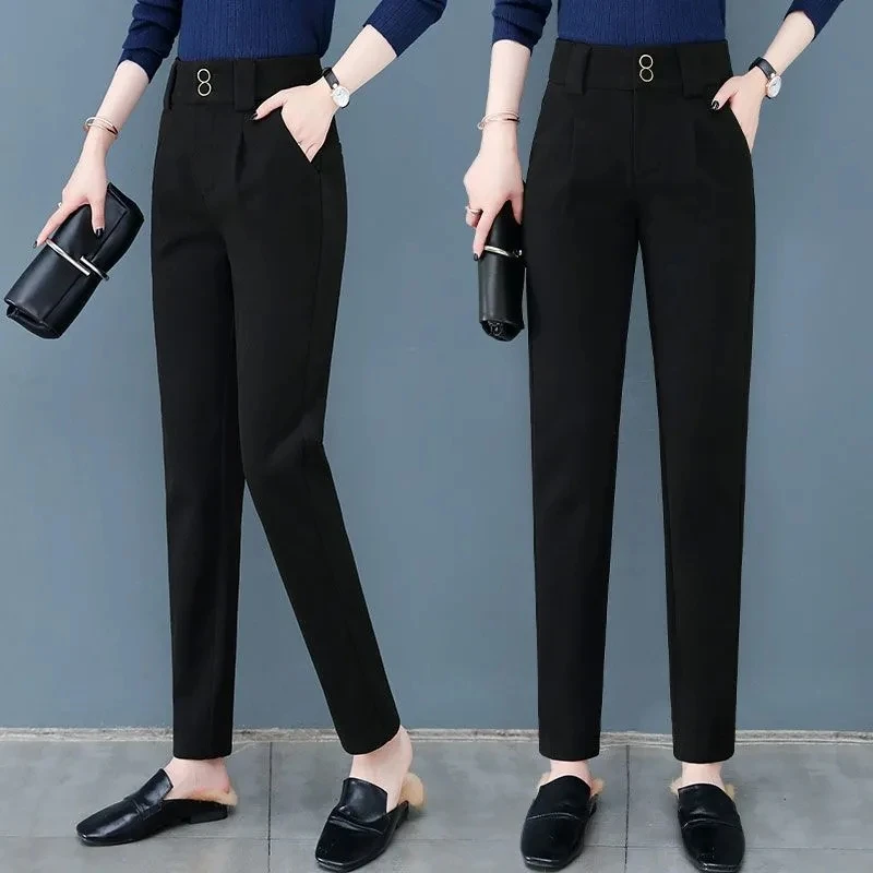 Autumn Winter Casual Woolen Suit Pants Women 2024 New High Waist Straight Tube Smoke Pipe Pants Female Harlan Small Feet Pants