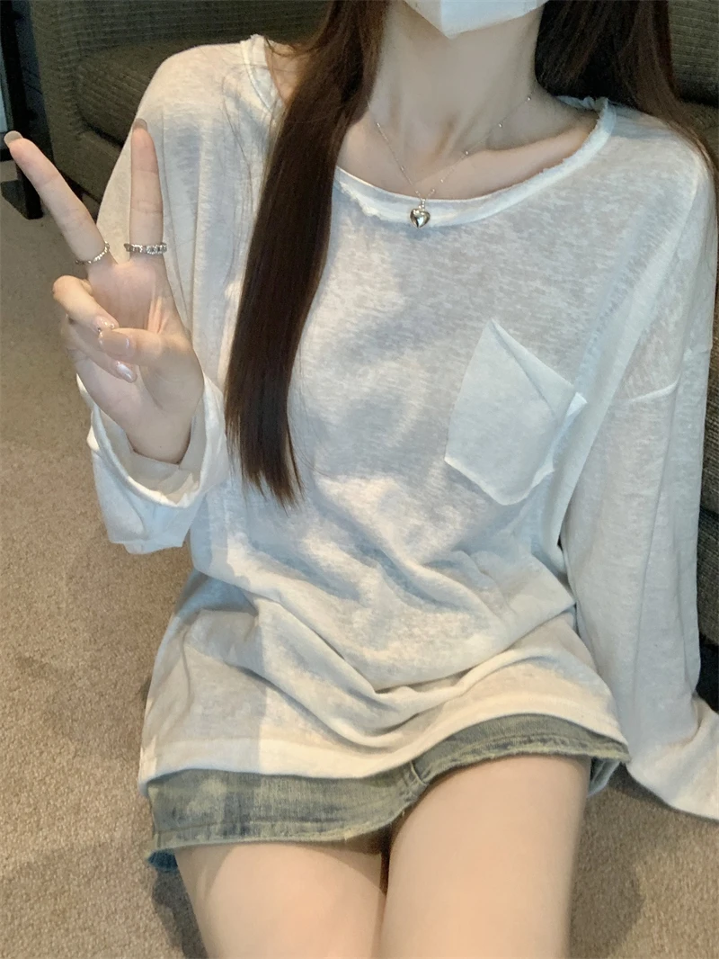 Top de algodão de bambu feminino com decote em u solto ajuste fino manga longa protetor solar camiseta outono novo